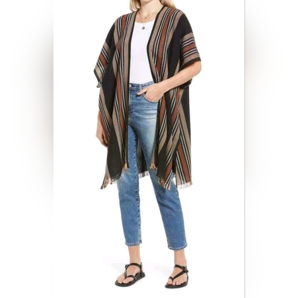 Black Brown Stripes Open Front  Bohemian Aztec Kimono Poncho Wearable Scarf - Picture 1 of 9